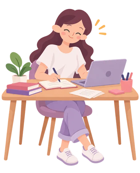 Ilustración de una chica estudiando en su escritorio